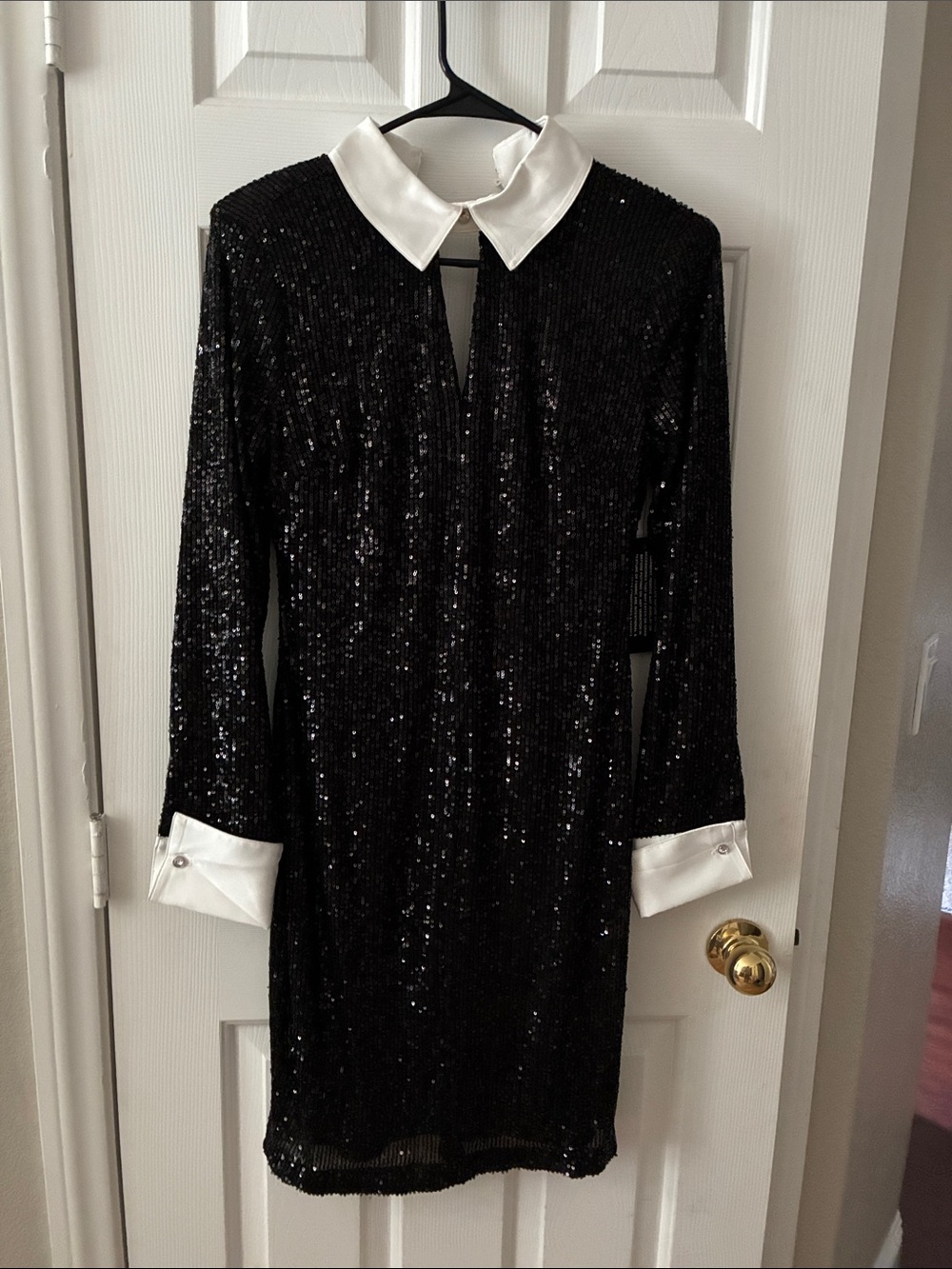 Karl Lagerfeld Black Sequin Long-Sleeve Dress with White Collar & Cuffs